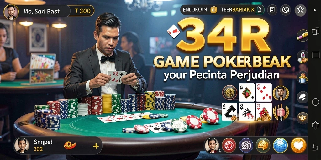 Screenshot utama 34R menampilkan gameplay Poker yang intens.