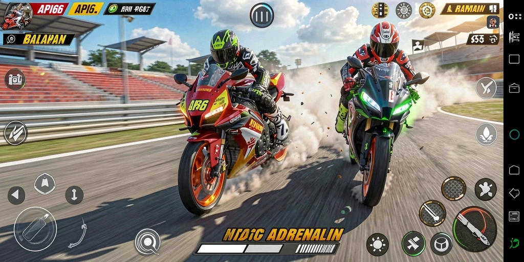 Screenshot menampilkan balapan motor yang intens dan menegangkan.