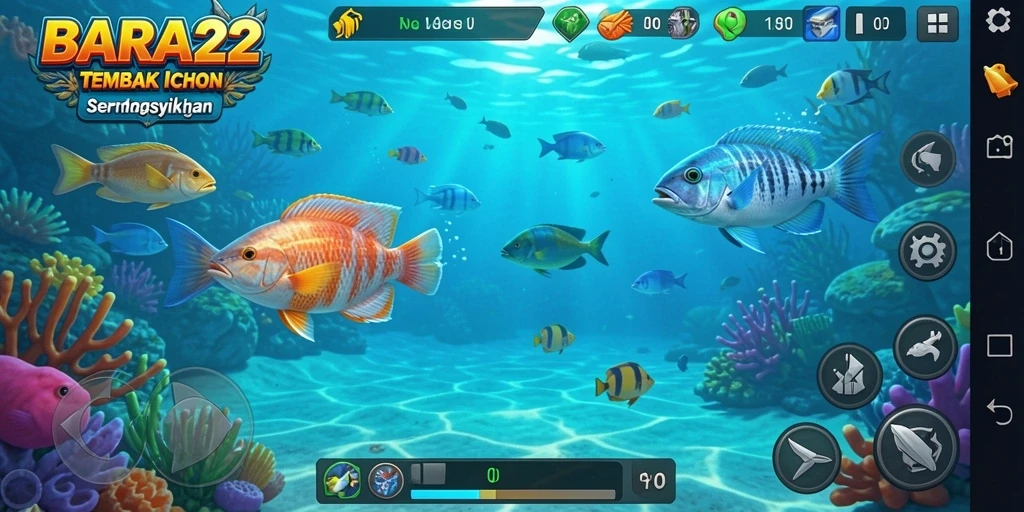 Tampilan utama gameplay BARA22 saat menembak ikan di lautan.