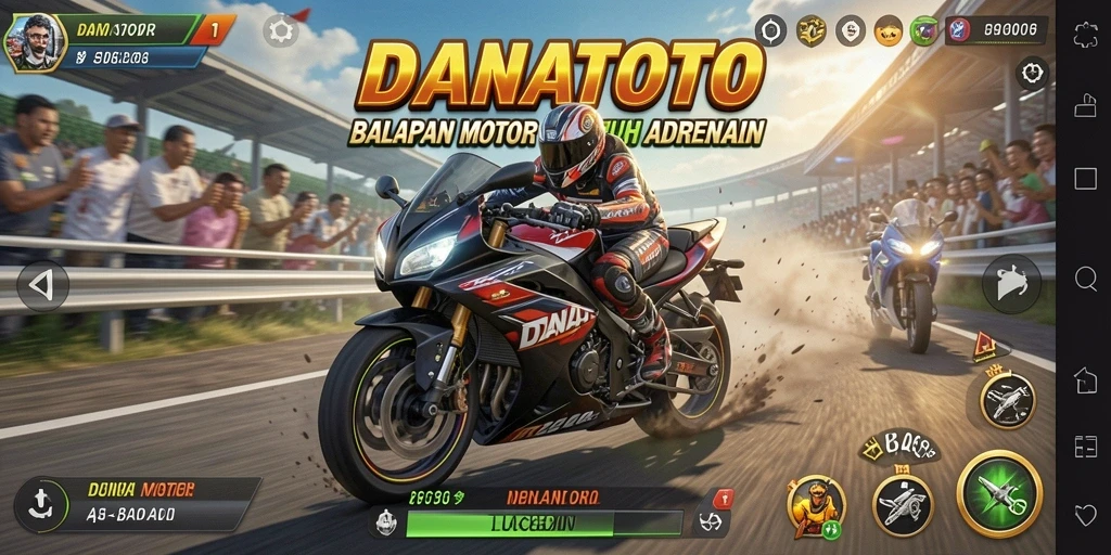 Screenshot utama DANATOTO menampilkan aksi balapan motor yang mendebarkan dan penuh kecepatan.