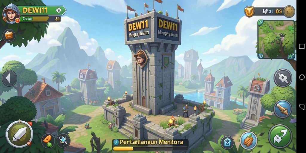 Tampilan gameplay DEWI11 dengan menara dan musuh yang dinamis.