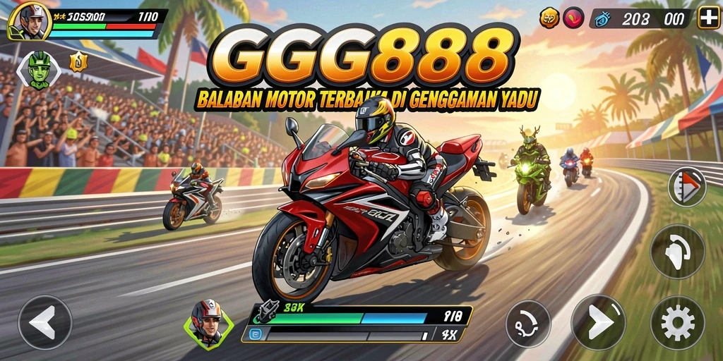 Menampilkan gameplay seru dari GGG888 dengan balapan motor cepat.