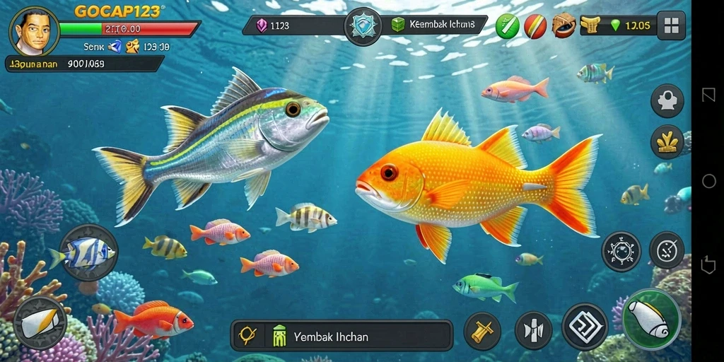 Tampilan gameplay GOCAP123 dengan ikan berwarna-warni.