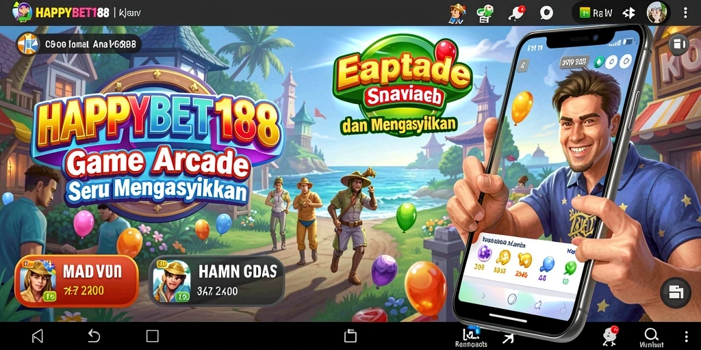 Screenshot permainan HAPPYBET188 menunjukkan keseruan gameplay Arcade yang penuh warna.