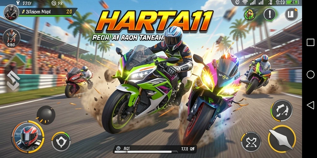 Tampilan gameplay balapan motor yang mendebarkan di HARTA11.