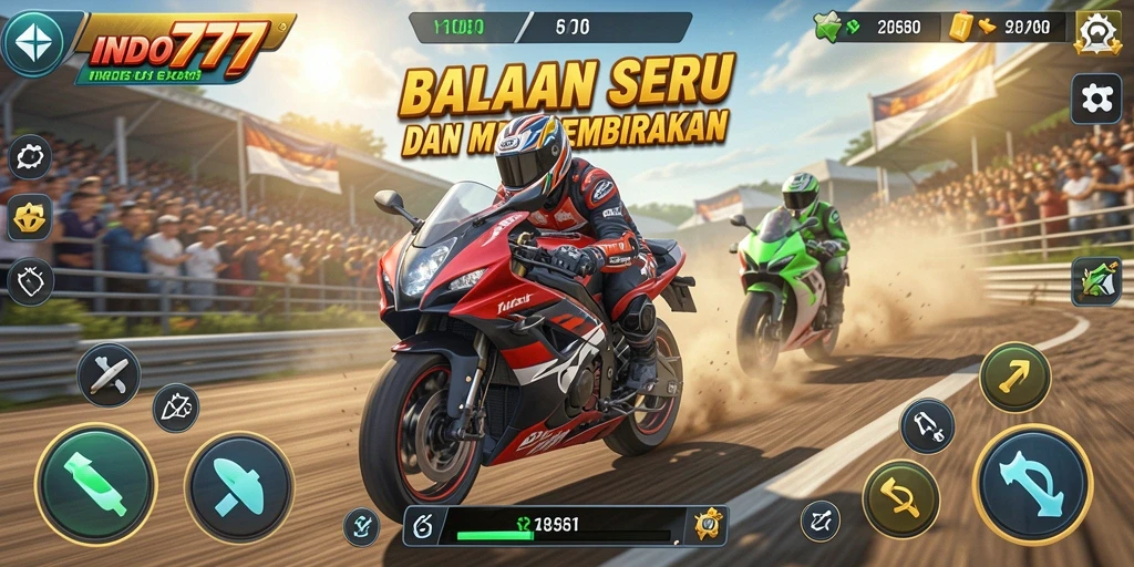 Screenshot utama INDO777 menampilkan adegan balapan motor yang intens.
