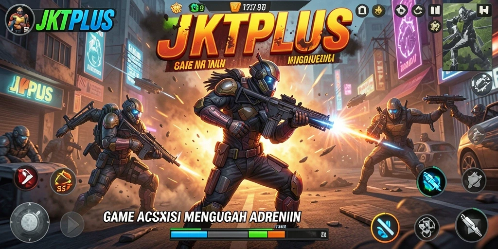 Screenshot utama JKTPLUS menunjukkan aksi pertarungan penuh ketegangan.