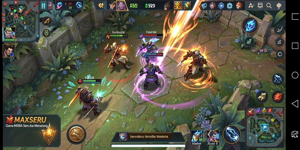 Screenshot gameplay seru dari MAXSERU yang menunjukkan pertarungan antara tim.