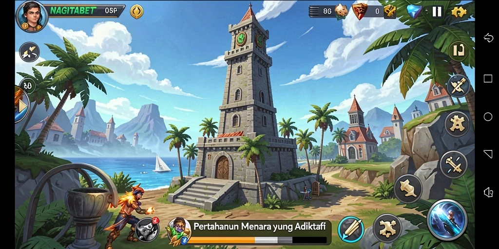 Tampilan gameplay <strong>NAGITABET</strong> dengan strategi pertahanan menara yang mendebarkan.