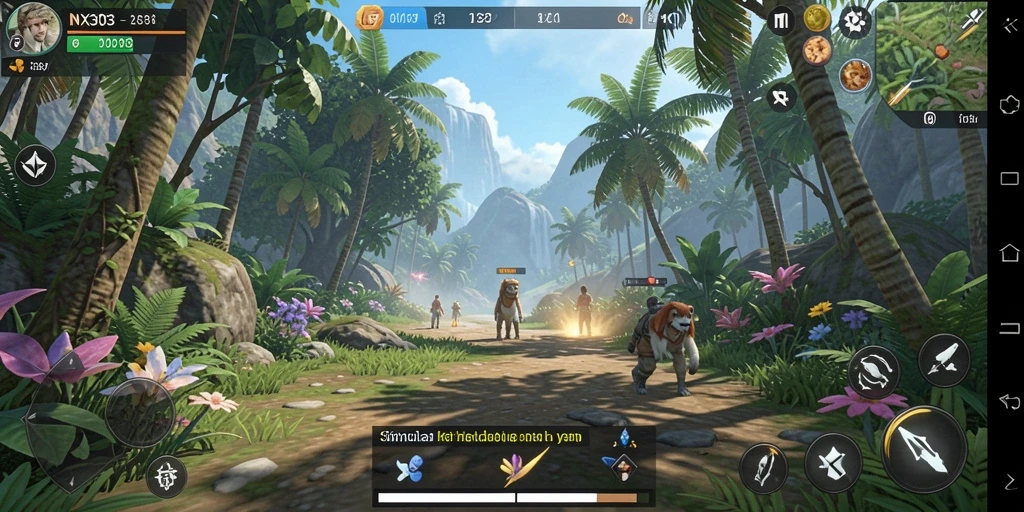 Screenshot utama NX303 menampilkan gameplay interaktif dengan karakter yang beraktivitas.