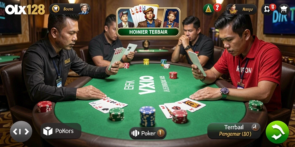 Screenshot gameplay OLX128 menampilkan aksi seru dalam permainan Poker.